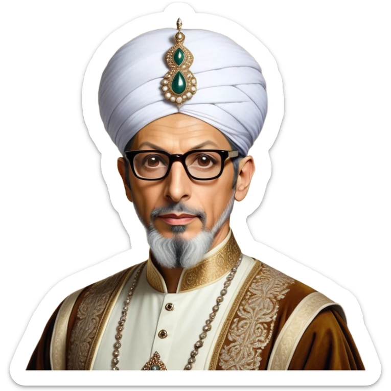 Jeff Goldblum no glasses as a regal portrait dressed as suleiman-the-magnificent,-depicted-as-a-regal-ottoman-sultan-adorned-with-a-large,-white,-round,-tall-turban-and-a-majestic-grey-beard,-his-commanding-gaze-bathed-in-warm,-historic-lighting-that-exudes-time with a large beard **no glasses* sticker