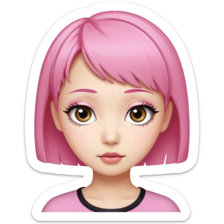 An Asian girl with Fashion pink short hair, big eyes, thick eyebrows, and long eyelashes;  sticker