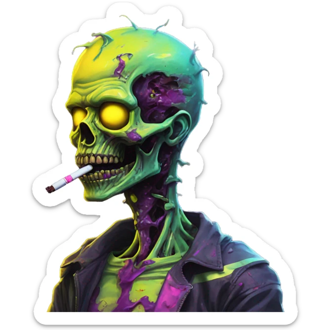 .Zombie_ Vaporwave black holographic oilslick zombie , _vaping_ .vape_ unicorn smoking, yellow caution tape  sticker