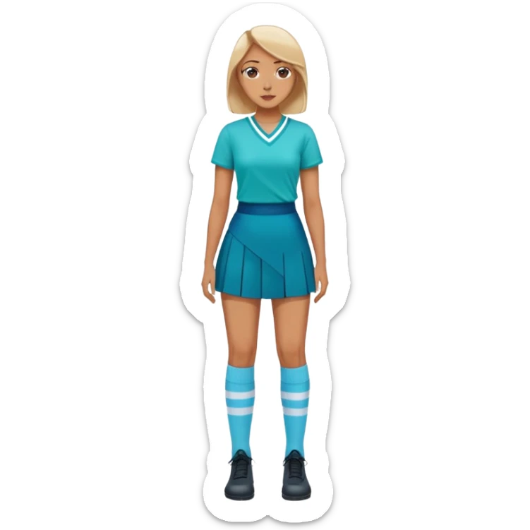 woman wearing teal wrap shirt, blue a-line skirt, light blue knee-high socks sticker