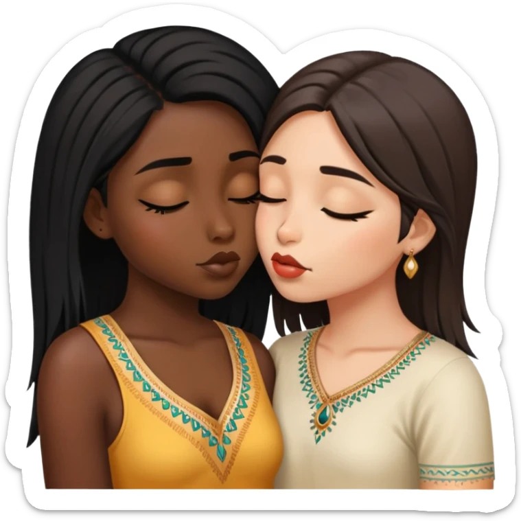 two girls kissing one short hair (black girl) one long hair (indian girl) with their eyes open  sticker