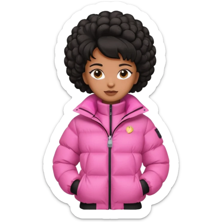 A brown skin  skinned girl that’s has puffy black hair with her hair up in a puffy hairstyle and skinny and wears a pink puffer coat sticker