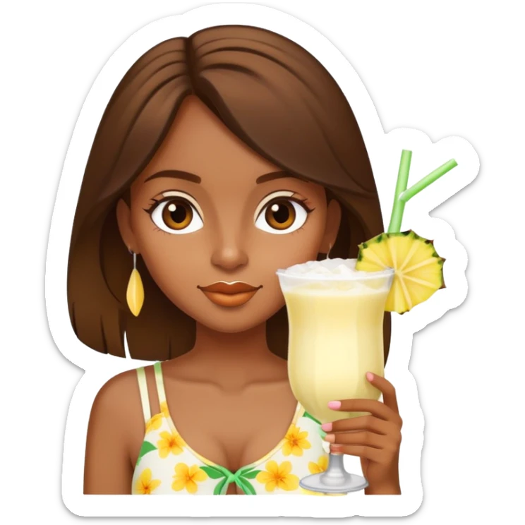 generate a brown skinned girl with brown hair wearing a summer outfit sipping a pina colada sticker