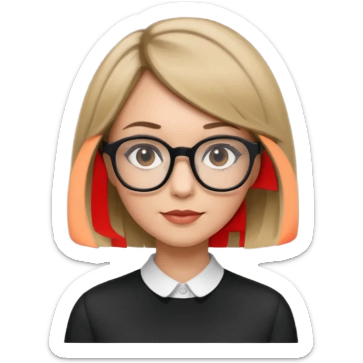 woman dark blonde petite bob haircut wears dark squarish glasses, classic clothes sticker