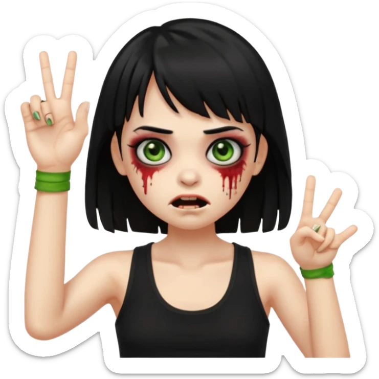 Crie um emoji de zumbi garota do iphone, que tenha o cabelo preto longo, pele levemente esverdeada, de cumprimento no peito, que tenha uma franja no tamanho da sobrancelha, com os olhos escuros e que use uma regata preta sticker