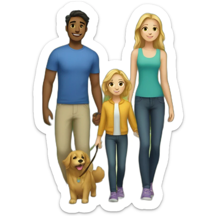 Family; young skinny Caucasian brunnet dad, young Caucasian black haired dad,golden retriever sticker