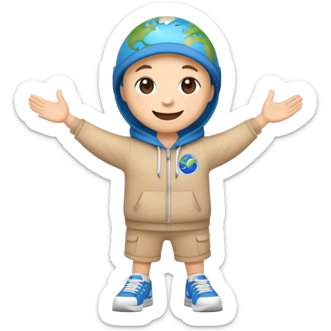 cute cartoon earth smiling, wearing sneakers standing with arms stretched out to give a hug sticker