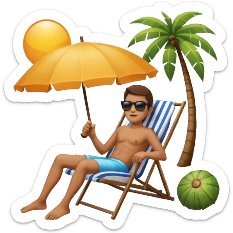 a dog laied on a beach chair, a sunny beach, a sun umbrella, and beach coconut trees. the icon should capture the essence of a relaxing beach vacation with a carefree atmosphere sticker