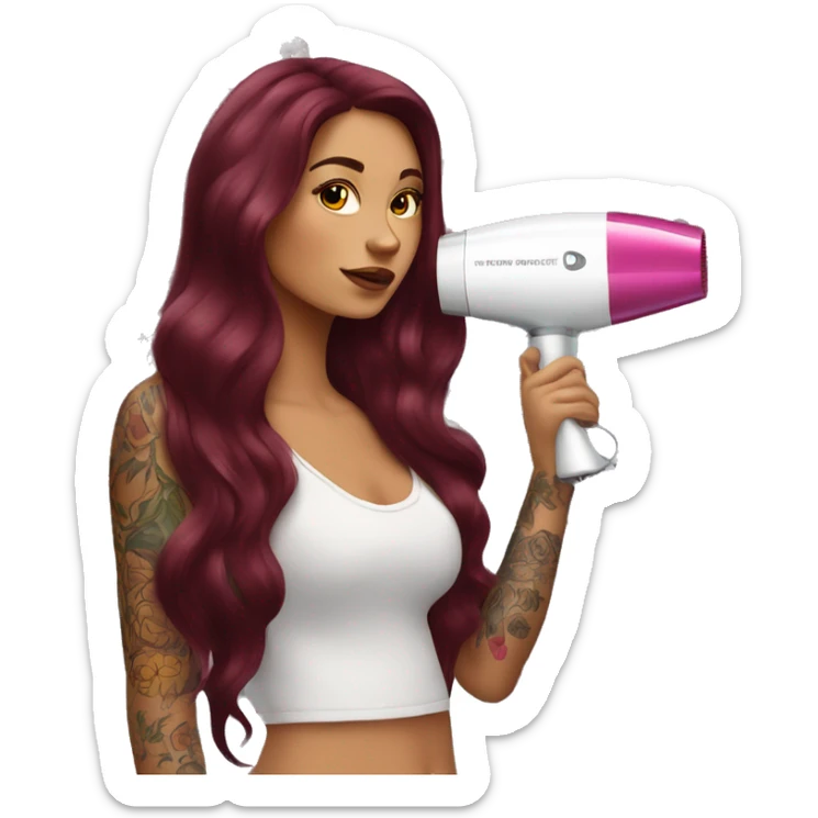 Beautiful tattooed  burgundy long haired woman blow drying her hair sticker