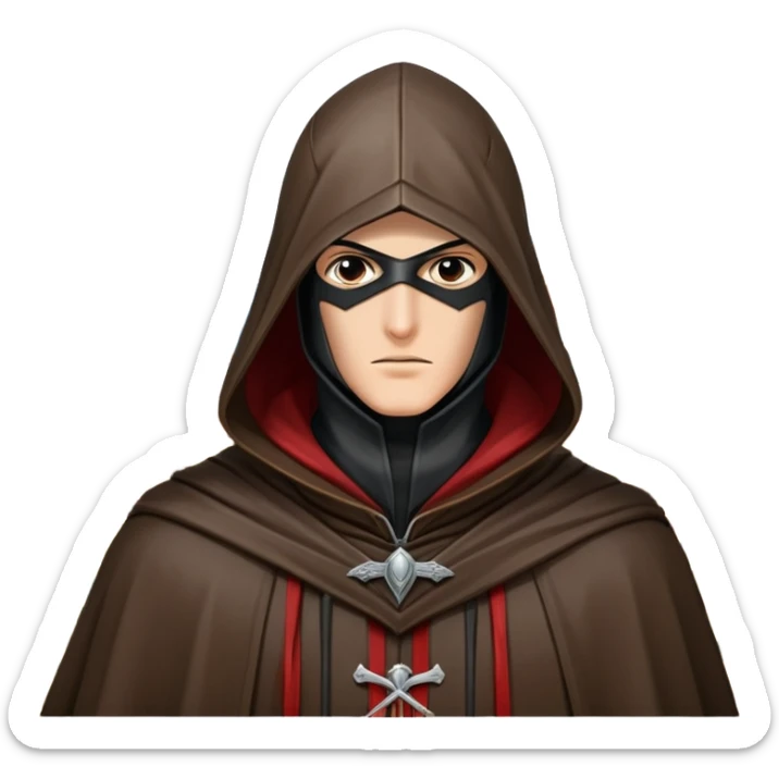 icon featuring Assasin's Creed in an iconic assassin's hood, standing tall against the backdrop of Florence. The design captures the essence of adventure, with intricate details of historical architecture and a sense of mystery. The character is poised, ready for action. transparent background. sticker