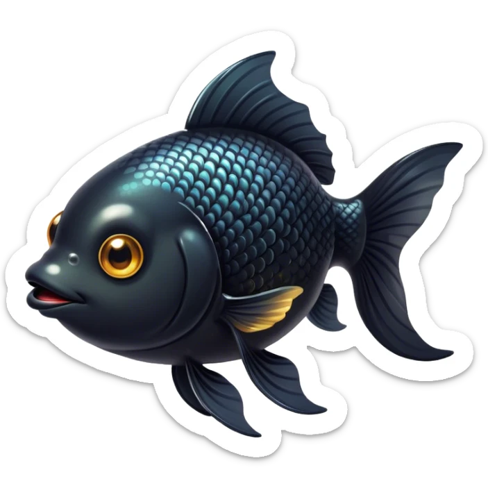 Cinematic Cute Black Goldfish Portrait Emoji, Head tilted playfully and inquisitively, featuring a glossy, deep black body with shimmering scales and round, sparkling golden eyes filled with curiosity, Simplified yet irresistibly adorable features, highly detailed, glowing with a warm, friendly glow, high shine, affectionate and lively, stylized with a touch of whimsy, bright and endearing, soft glowing outline, capturing the essence of a mischievous yet loving goldfish, so playful it feels like it could swim out of the screen and into your heart! sticker