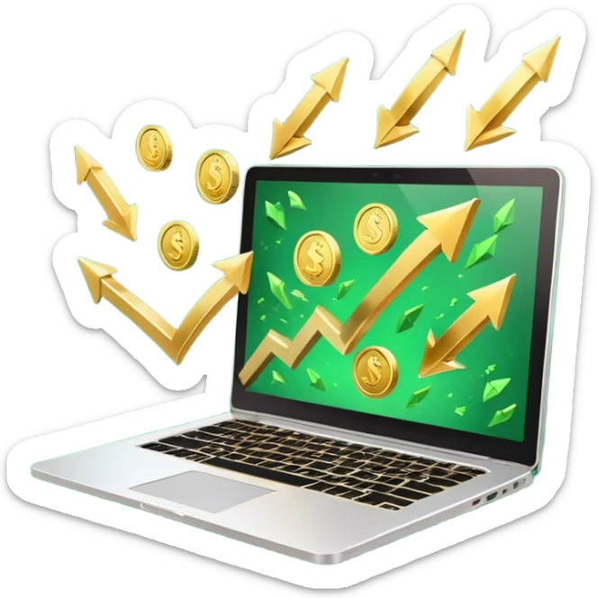 3D laptop icon with gold coins flying out of screen, green color (#0B3D2C), gold accents (#C9B037), upward arrows, glossy modern style, transparent background sticker