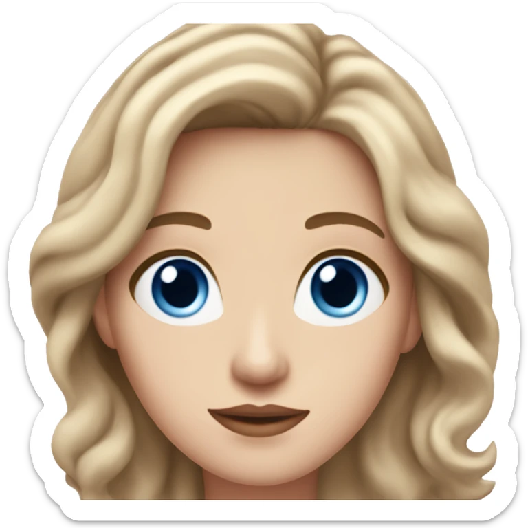 An adult white woman with wavy medium-brown shoulder-length hair, pink lips, and blue eyes, cropped at the shoulders, on a white background sticker