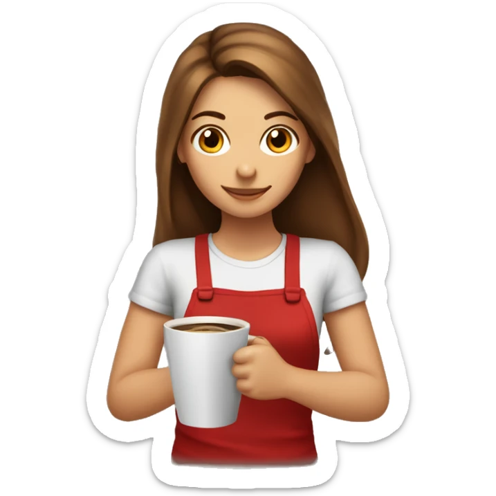 barista girl in a red t-shirt with long brown hair, with a cup of coffee in a hand sticker