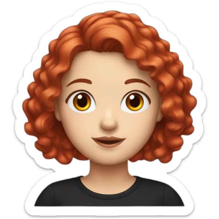 a white girl with red short wavy hair in a black T-shirt sticker