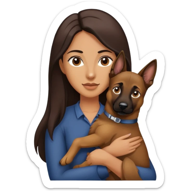 woman with long dark brown hair holding a Malinois dog in her arms sticker