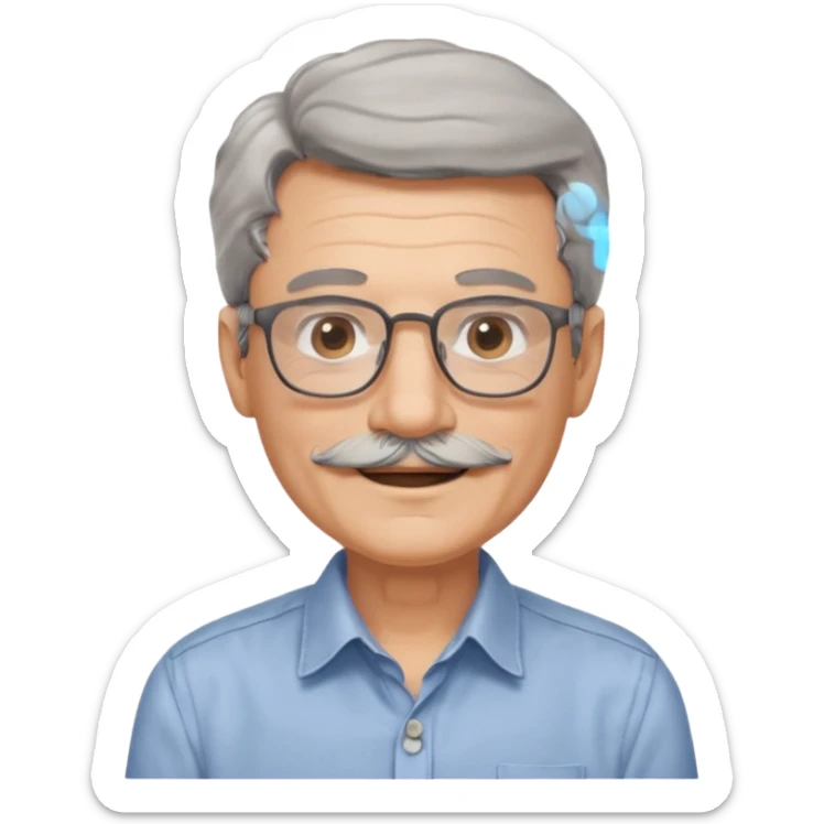 Generate a portrait of a slightly older man with glasses. His hair is quite thin, gray, but wavy. He has brown eyes, a mustache, and is smiling. sticker