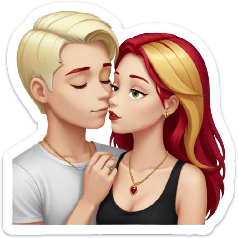 couple kissing, girl with long cherry red hair, blonde eyebrows, gold A necklace, boy with SHORT PURE WHITE HAIR (not blonde, not gray, but WHITE like snow), dark t-shirt, silver ring sticker
