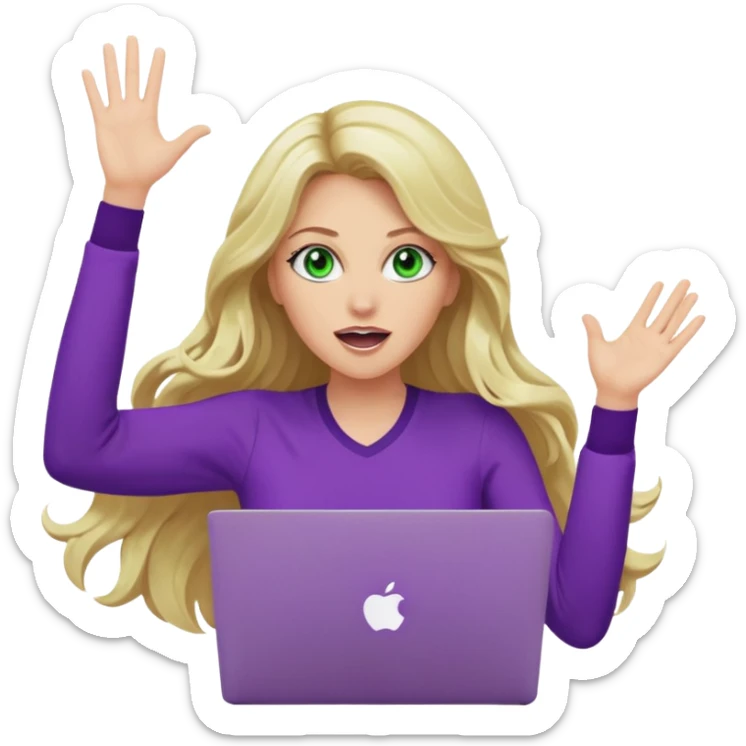 lady with long wavy blonde hair, purple top, green eyes, throwing her with a purple mac laptop hands in the air screaming sticker
