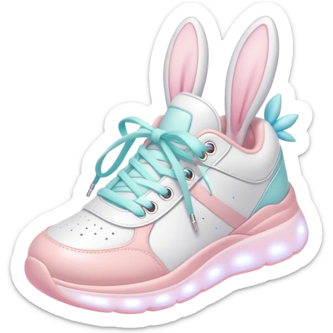 Cute Kawaii Shoe, small and bouncy, soft pastel sneakers with glowing highlights, cute sparkling eyes, a happy cheerful expression, laces tied like bunny ears! sticker