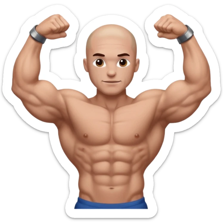White skin, Shirtless, a lot of brown hair on the chest, Bodybuilder, big biceps and shoulders. Bald head sticker