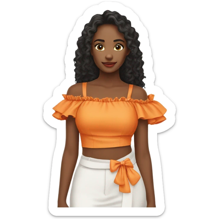 Realistic orange cut out crop top blouse. Ruffles. Isolated. Fancy sash sticker