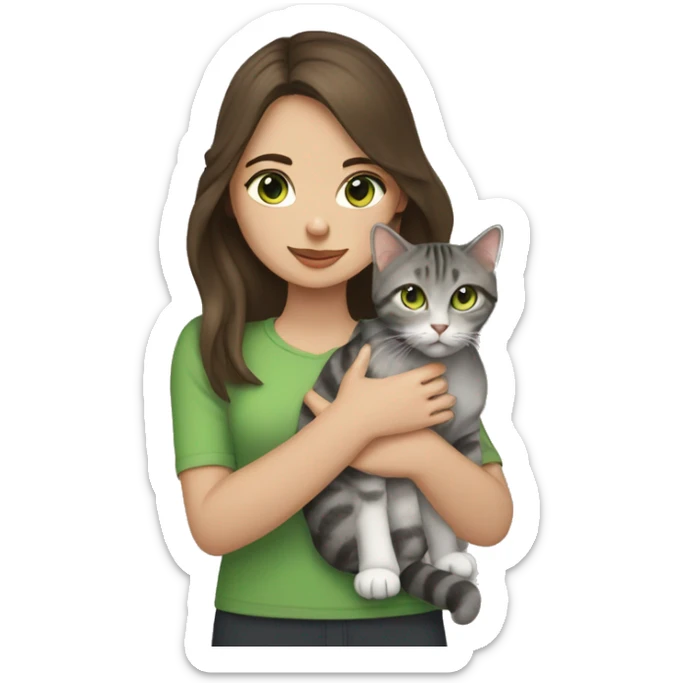 Brunette girl with green eyes holds a British cat in her arms, gray tabby with brown eyes sticker