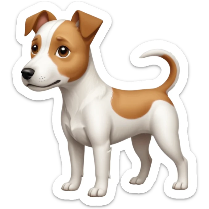 a full body large white parson russell terrier looking dog the size of a kelpie with light brown long ears and a light brown patch on one eye and a large snout sticker