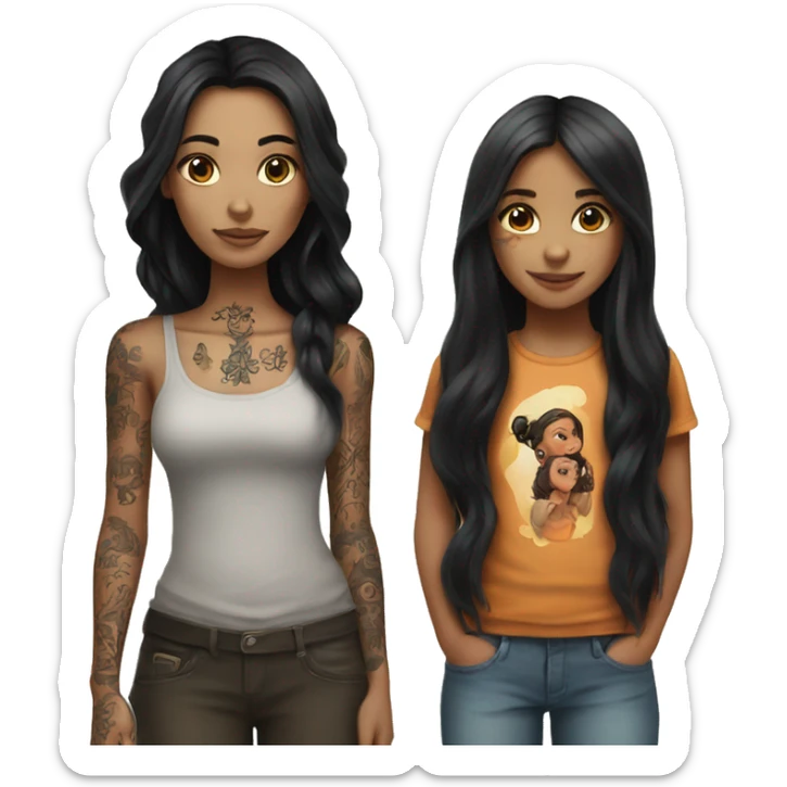 Girl with long black hair and tattoos and daughter with long brown hair sticker