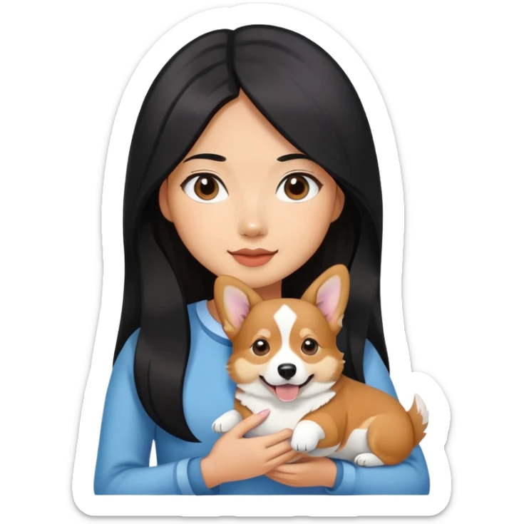 Asian girl with long black hair holding her corgi dark brown and white color sticker