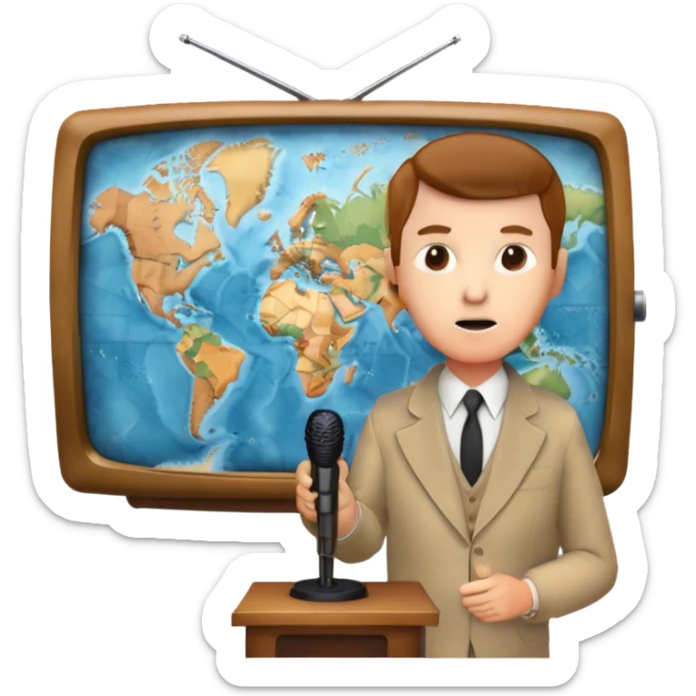 Icon for Documentary Film (TV style): A large vintage TV screen with a serious-looking host standing in front of a map. The host holds a microphone, and the map displays historical or geographical information. Retro TV broadcast style. Transparent background. sticker