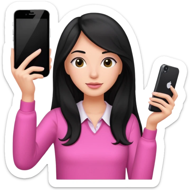 black long haired woman with pink blouse holding her phone having selfie sticker