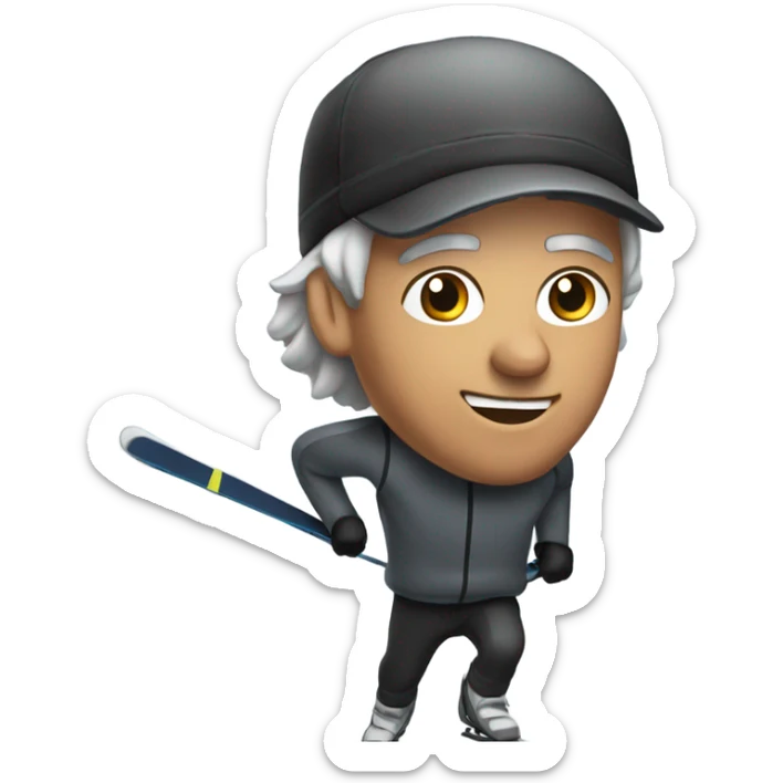 Man with Dark and gray hair on cross country skiing with a Black hat sticker