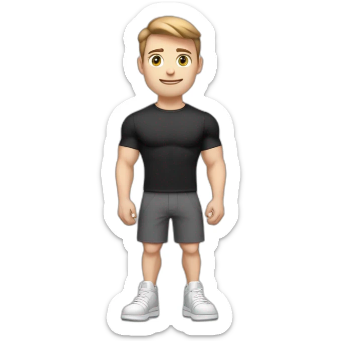 Pale skinned Fit Man With the biceps and light brown hair in black shirt, gray sports shorts and white Sneakers Writing text on the flipchart sticker