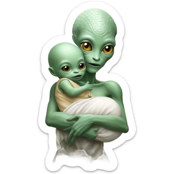  Reptilian alien woman , full body,  holds a newborn white humman baby sticker