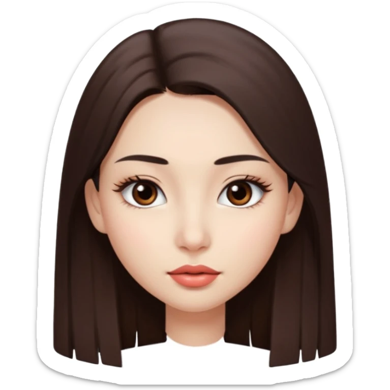 Una chica con piel muy clarita con pleo liso largo de color castaño y unos ojos marrones oscuro y labios grandes y nariz bonita y con unas pestañas que parezca asiatica que tenga las cejas un poquito mas juntas sticker