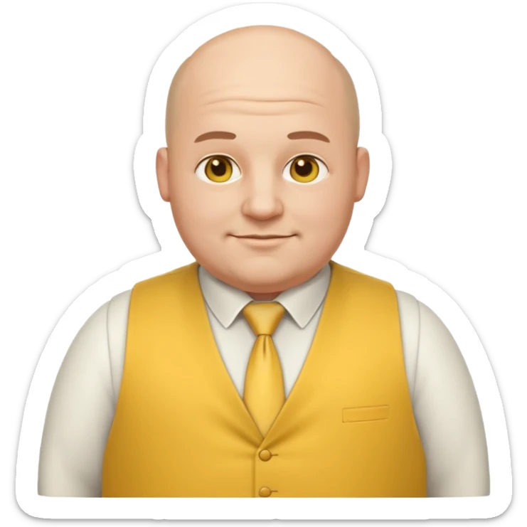 European man boss emoji, overweight, bald, gentle smile, yellow tie and vest sticker