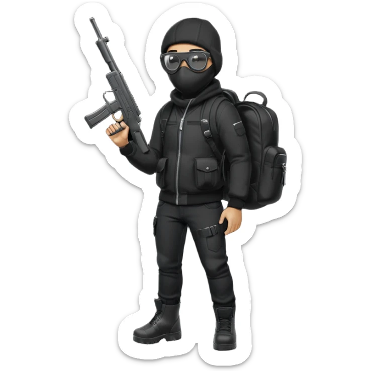 YN wearing a ski mask, holding a gun, all black fit, black jeans, Sprayground bookbag, confident stance, with glasses sticker