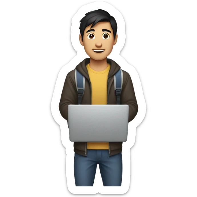 
An Asian man, dark-haired college student who likes exercising and holding a laptop. sticker