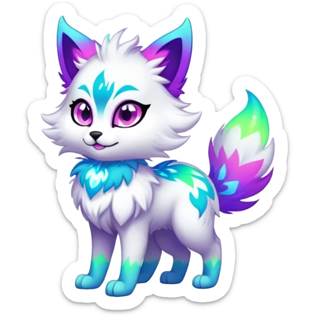 Vibrant multicolored neon-colored Falvie-Fionbri-creature-sparkle-feline-canine-hybrid-fursona, full body sticker
