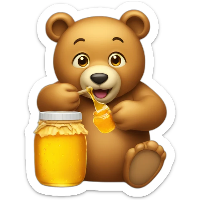 A honey bear eating out of a jar of honey sticker