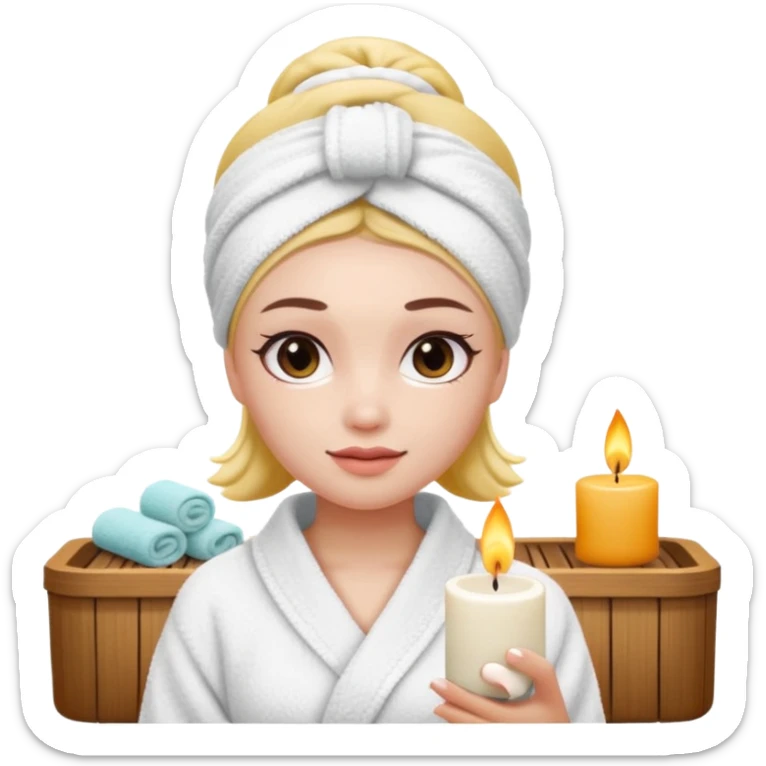 girl with a towel headband at the spa, holding a scented candle, iPhone memoji style, white skin sticker