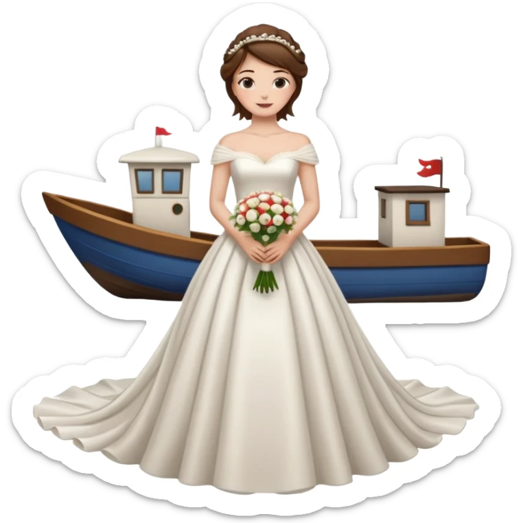 Chica blanca,cuerpo entero, vestido boda cuello barco y cola, pelo castaño,   1 ramo de flores , pelo recogido con mechones sticker