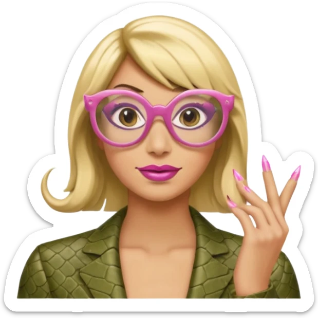 a snake with a bitchy face, a dirty blonde wig, pink pointy nails and square frame golden glasses sticker