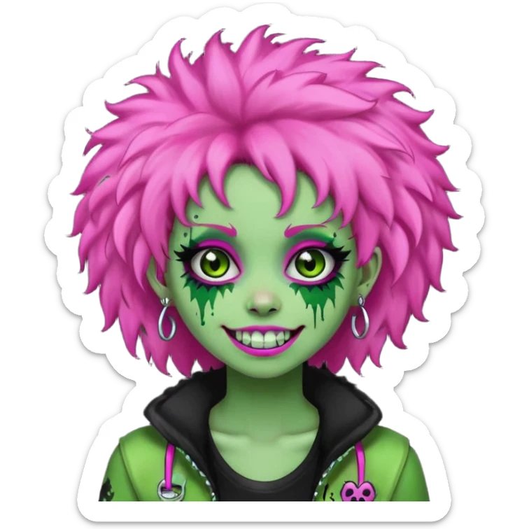 girl, green zombie,pink afro, long, emo, shaggy, dark, spooky,double eyebrow dermal piercing, cute illuminous smile sticker