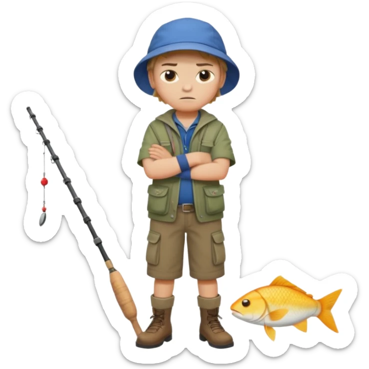 A boy with crossed arms, looking annoyed, dressed in fishing clothes full body sticker