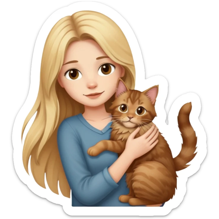 A blonde girl holds a brown Maine Coon cat in her arms sticker