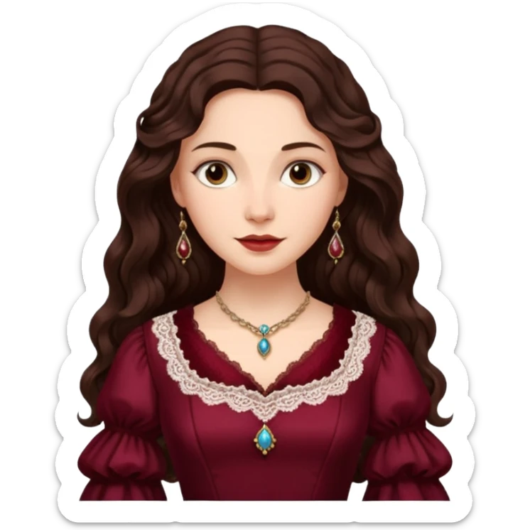 Renaissance lady – long dark brown wavy hair, burgundy gown with lace neckline sticker