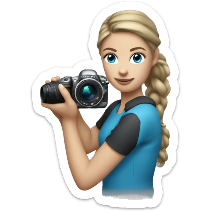 Girl with dark blonde loose ponytail and BLUE eyes Holding a Nikon Camera in her hands sticker