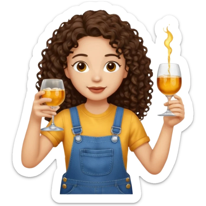 Curly haired curl with long dark brown hair and light skin in overalls toasting with alcohol  sticker